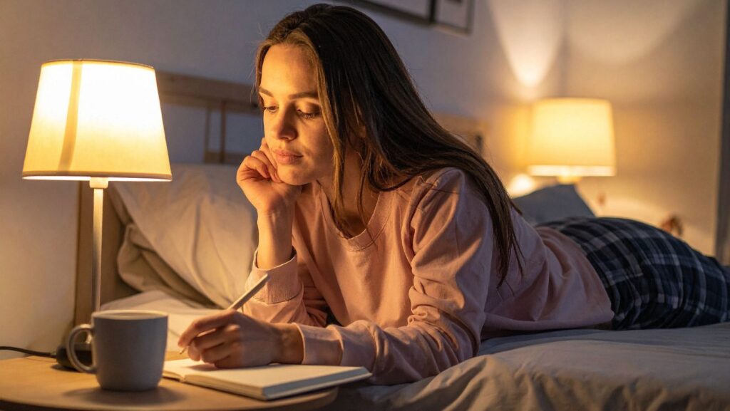 Woman journaling calmly beside a window